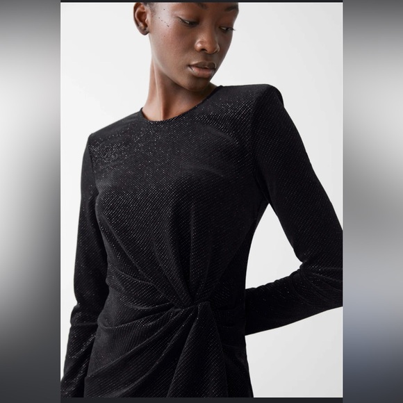 & Other Stories NWT Glitter Velour Shoulder Pad Long Sleeve Mini Dress Black, 4 - Picture 4 of 16